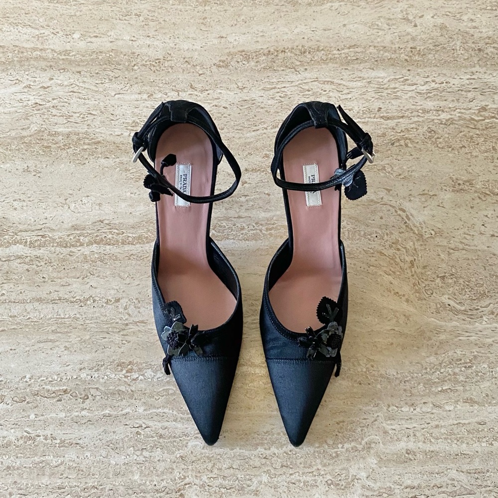 Vintage Prada Satin Flower Applique Ankle Strap Pumps